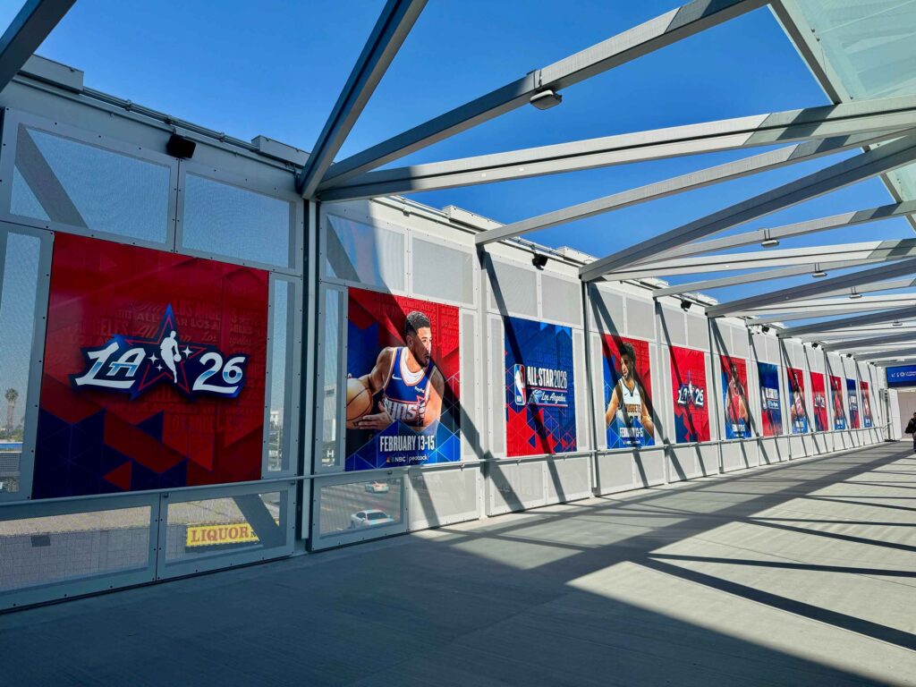 Large-format fabric graphics installed throughout the LA Clippers bridge walk.